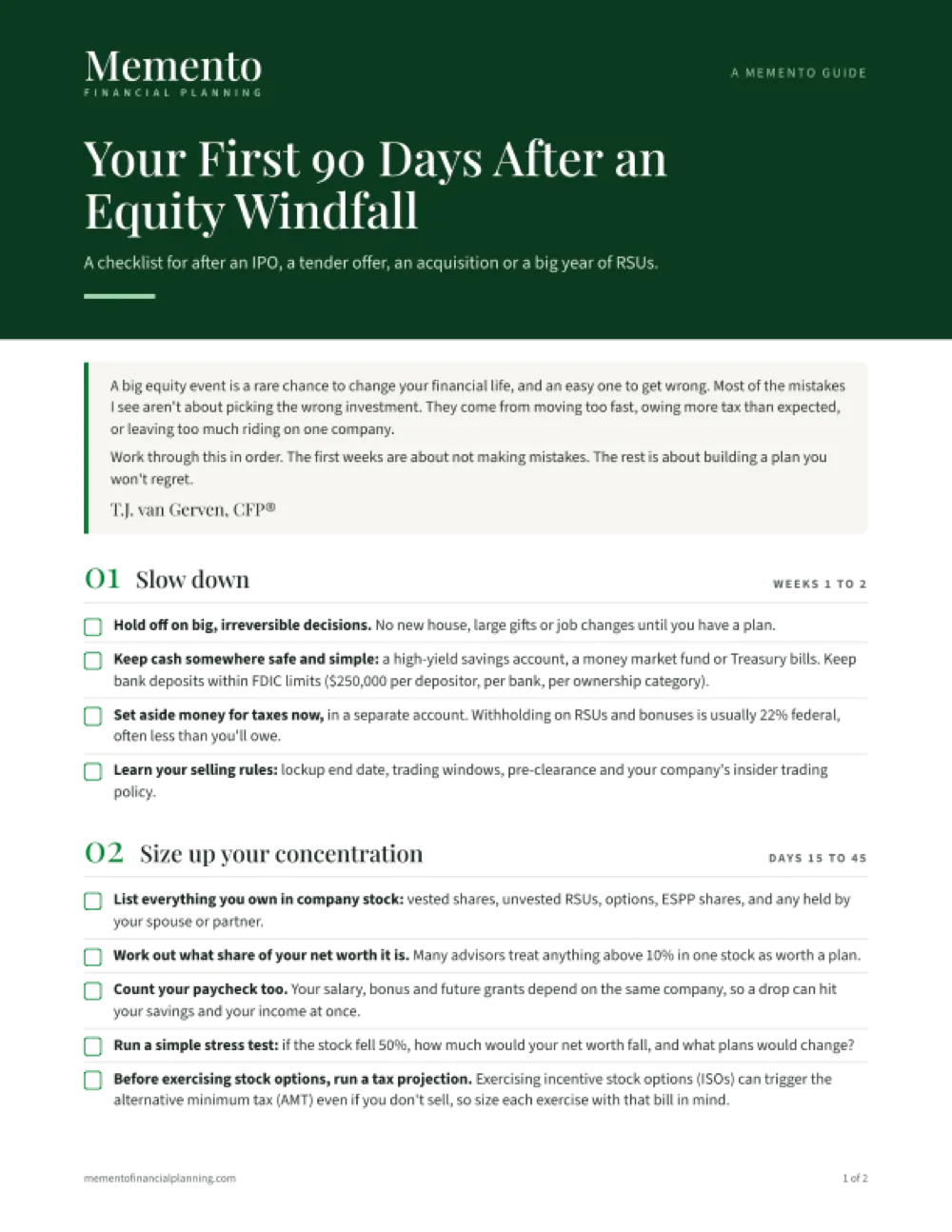 Page one of the checklist, with a deep green cover and the first two sections: Slow down, and Size up your concentration.
